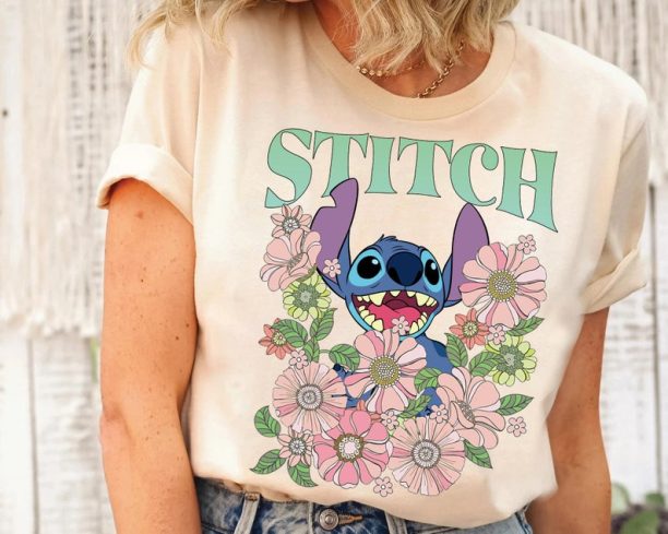 Cute Disney 90s Style Floral Stitch Portrait Shirt, Disney Lilo and Stitch Shirt, Disneyland Family Vacation Shirt