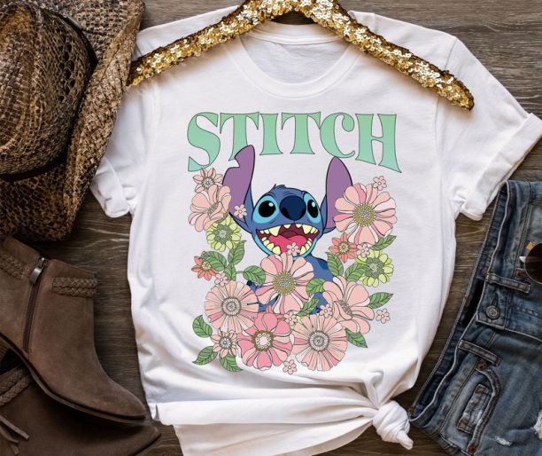 Cute Disney 90s Style Floral Stitch Portrait Shirt, Disney Lilo and Stitch Shirt, Disneyland Family Vacation Shirt