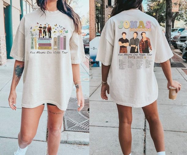 Jonas Brothers Concert Tee, Jonas Brothers 2 sides Graphic T-Shirt, Five Albums One Night Tour Shirt Jonas Retro 90's T Shirt