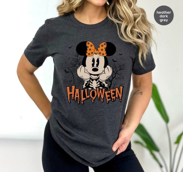 Disney Halloween Shirts, Minnie Mouse T-Shirt, Halloween Gifts for Kids, Mickey Mouse Graphic Tees, Spooky Season TShirts, Skeleton Shirt