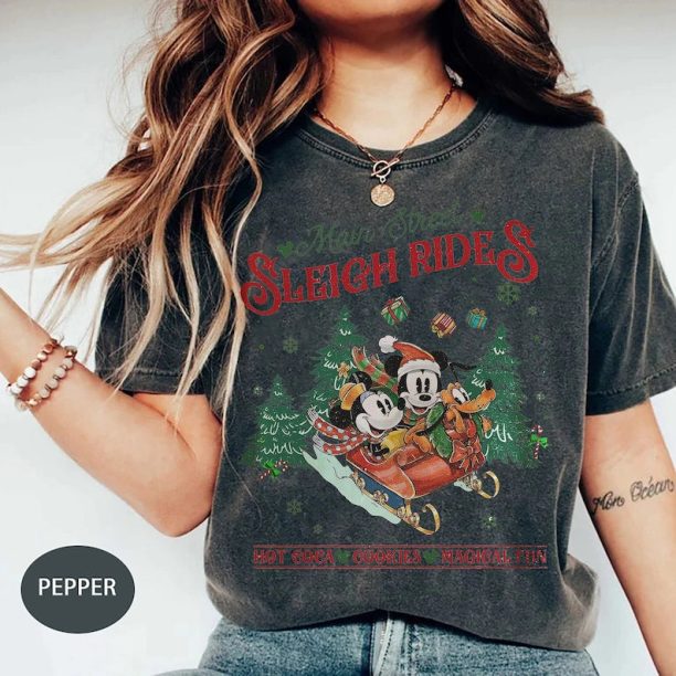 Mickey and Minnie Christmas Comfort Color Shirt, Retro Disney Main Street Sleigh Rides Shirt, Disneyland Christmas Shirt, Disney Holiday