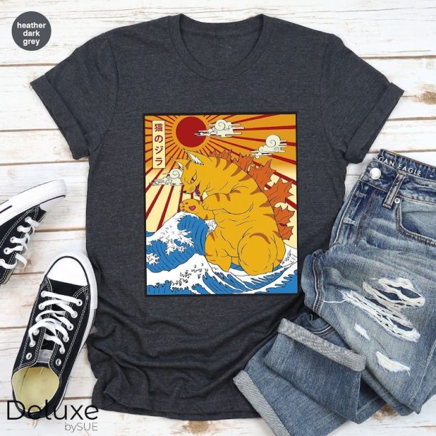 Catzilla Shirt, Synthwave Cat Shirt, Vaporwave Cat Shirt, Great Wave of Kanagawa, Japanese Cat Shirt, Retro Aesthetic Shirt, Japanese Kawaii