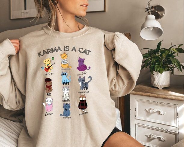 Karma Is A Cat Sweatshirt, Music Albums As Books Sweatshirt, Fan Sweatshirt, Music Sweatshirt