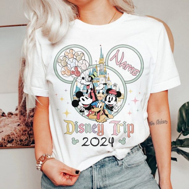 Retro Mickey And Friends Disney Trip 2024 Shirt, Custom Name Family Shirt, WDW Disneyland Family Vacation 2024 Shirt