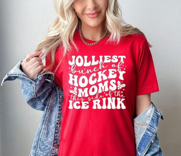 Retro Christmas Hockey Moms Shirt, Jolliest Bunch of Hockey Moms This Side of the Ice Rink Shirt, Gift for Mom, Funny Mom, Game Day T-Shirt