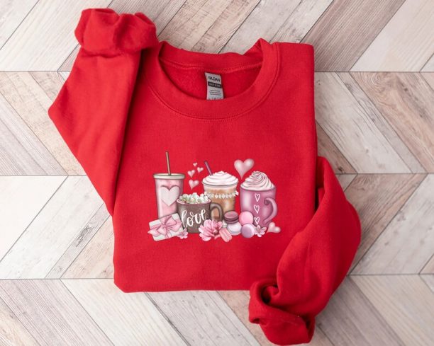 Valentine Coffee Heart Sweatshirt, Womens Valentine Shirt, Cozy Love T-shirt, Cute Women Valentine Gift Tee, Funny Valentine Gift For Her