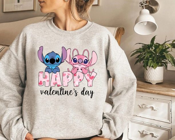 Disney Stitch Happy Valentine's Day Shirt, Stitch and Angel Valentine Sweatshirt, Happy Valentine's Day