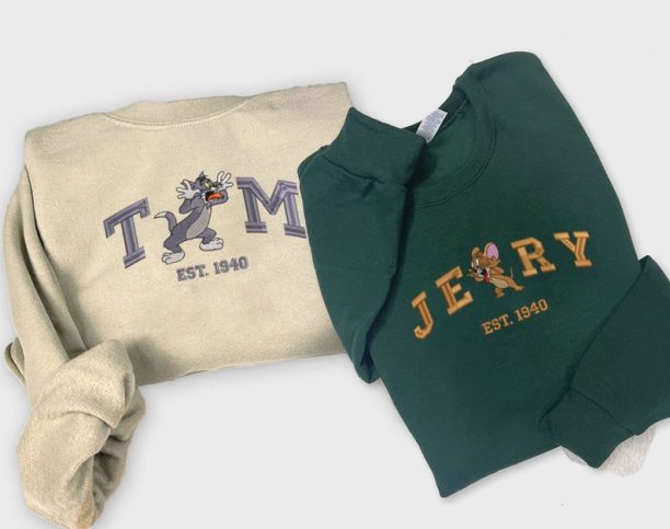 Tom and Jerry Embroidered Sweatshirt, Cartoon Embroidered Sweatshirts, Trending Crewneck, Valentine gift