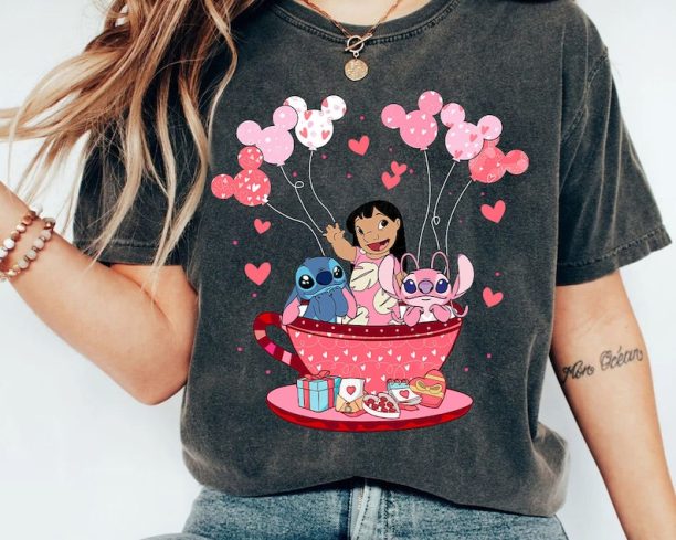 Disney Stitch and Angel Pink Cup Valentine Shirt, Stitch Shirt, Disney Valentine's Day Shirt, Stitch Valentine Shirt