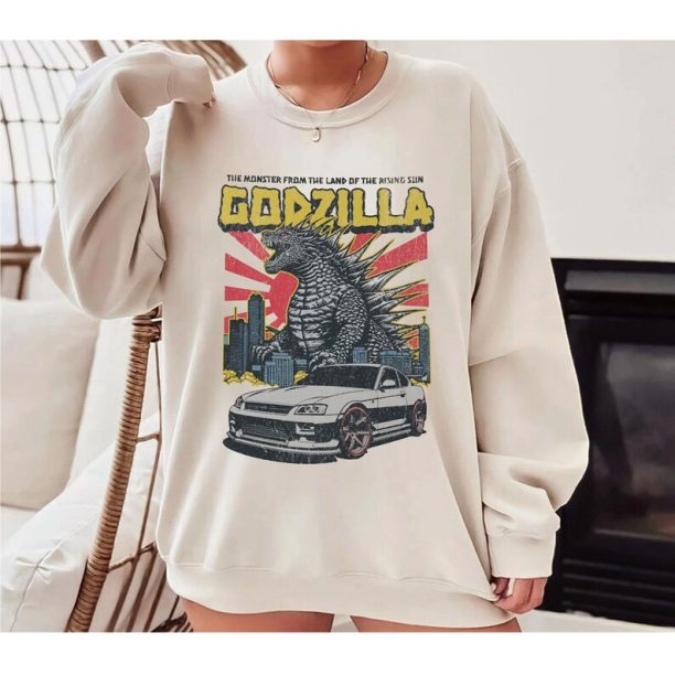 Godzilla and Car Vintage Unisex Graphic Tee - Retro Unisex T-shirt, Sweatshirt, Hoodie