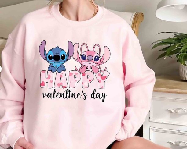 Disney Stitch Happy Valentine's Day Shirt, Stitch and Angel Valentine Sweatshirt, Happy Valentine's Day