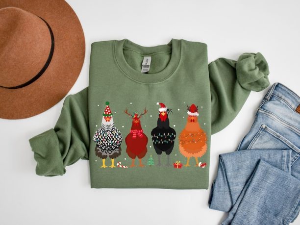 Cute Christmas Chickens Sweatshirt, Christmas Farm Animal Sweatshirt