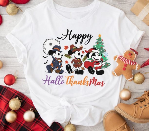 Disney Happy Hallothanksmas Shirt, Halloween Shirt, Holiday Season Shirt, Thanksgiving Shirt, Christmas Shirt, Mickey Minnie Goofy Tee