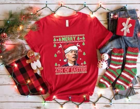 Santa Joe Biden Christmas T-Shirt For Men, Funny Happy 4th of July Women V Neck Shirt, Unisex Santa Joe Biden Funny Christmas Shirt