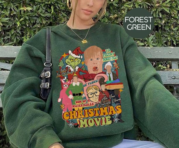 Vintage Christmas Movie Sweatshirt, Christmas Movie Characters T-Shirt, Home Alone, Grinch, Elf Christmas Sweatshirt, Christmas Gift