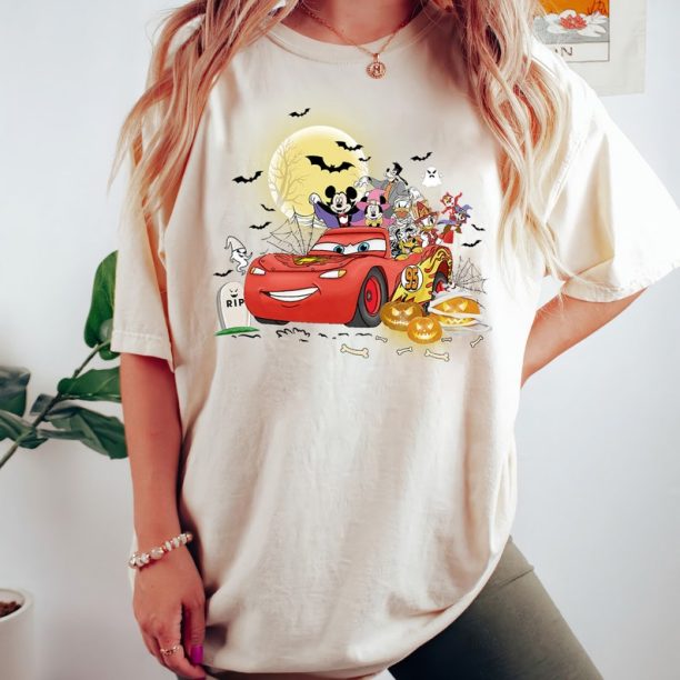 Disney Mickey & Friends Lightning McQueen Car Halloween Shirt, Cars Land Halloween Shirt, Disney Spooky Vibes Shirt, Happy Hallo-Wheel Shirt