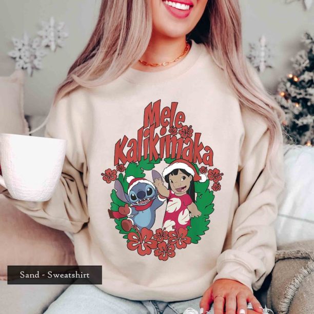 Lilo And Stitch Mele Kalikimaka Wreath Sweatshirt, Disney Lilo & Stitch Christmas Sweatshirt