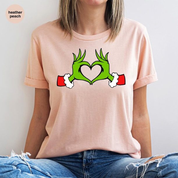 Christmas Shirt, Grinch T-Shirt, Dr. Seuss Outfit, Christmas Gifts, Heart Hands Graphic Tees, Xmas Womens Clothing, Holiday T Shirts