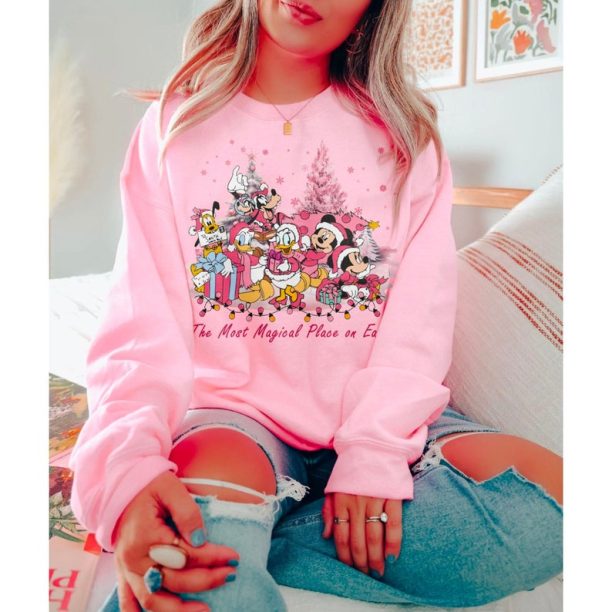 Mickey And Friend Christmas Light Pink Sweatshirts, The Most Magical Place On Earth Shirt, Disney Family Christmas Sweatshirts, Disney Xmas Tee