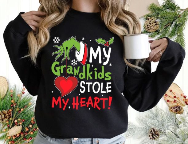 My Grandkisds Stole My Heart Sweatshirt, Chritsmas Grinch Shirt, My Heart Sweatshirt, Christmas Family Shirt, Holiday Sweatshirt