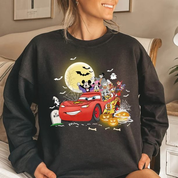 Mickey & Friends Lightning McQueen Car Halloween Sweatshirt, Cars Land Halloween Shirt, Disney Spooky Vibes Shirt, Happy Hallo-Wheel Shirt