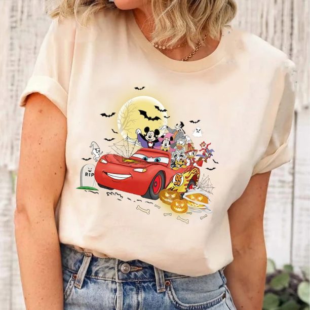 Mickey & Friends Lightning McQueen Car Halloween Sweatshirt, Cars Land Halloween Shirt, Disney Spooky Vibes Shirt, Happy Hallo-Wheel Shirt