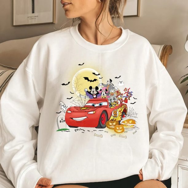 Mickey & Friends Lightning McQueen Car Halloween Sweatshirt, Cars Land Halloween Shirt, Disney Spooky Vibes Shirt, Happy Hallo-Wheel Shirt