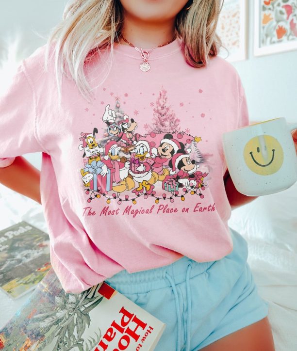 Mickey And Friend Christmas Light Pink tshirts, The Most Magical Place On Earth Shirt, Disney Family Christmas Shirt, Disney Xmas Tee