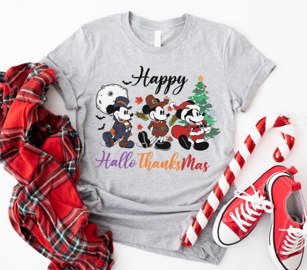 Disney Happy Hallothanksmas Shirt, Halloween Shirt, Holiday Season Shirt, Thanksgiving Shirt, Christmas Shirt, Mickey Minnie Goofy Tee