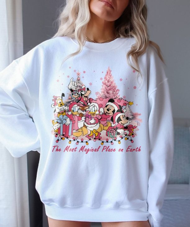 Mickey And Friend Christmas Light Pink Sweatshirts, The Most Magical Place On Earth Shirt, Disney Family Christmas Sweatshirts, Disney Xmas Tee