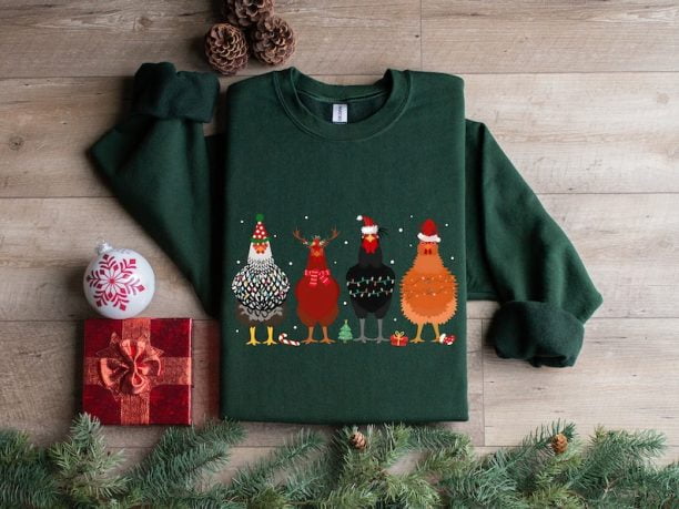 Cute Christmas Chickens Sweatshirt, Christmas Farm Animal Sweatshirt