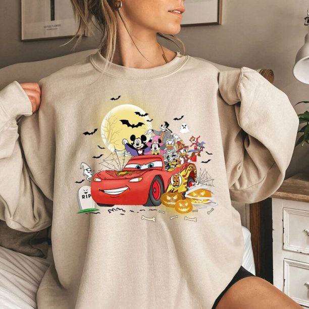 Mickey & Friends Lightning McQueen Car Halloween Sweatshirt, Cars Land Halloween Shirt, Disney Spooky Vibes Shirt, Happy Hallo-Wheel Shirt