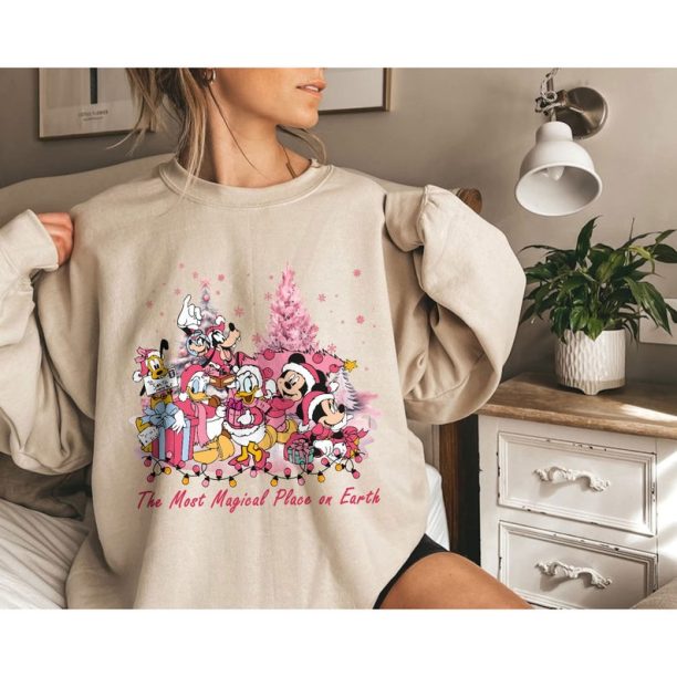 Mickey And Friend Christmas Light Pink Sweatshirts, The Most Magical Place On Earth Shirt, Disney Family Christmas Sweatshirts, Disney Xmas Tee