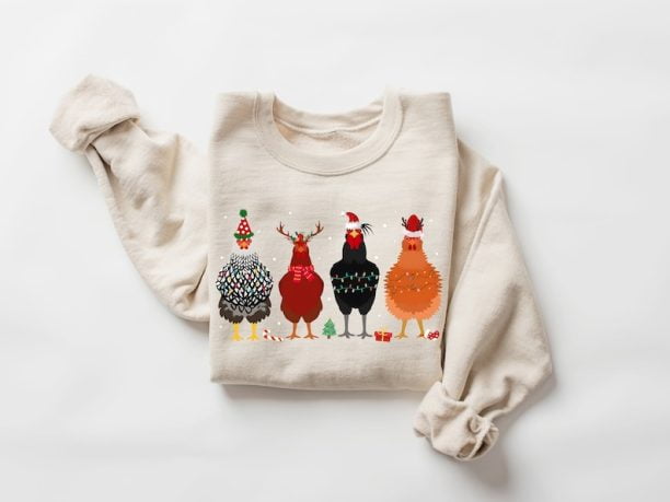 Cute Christmas Chickens Sweatshirt, Christmas Farm Animal Sweatshirt