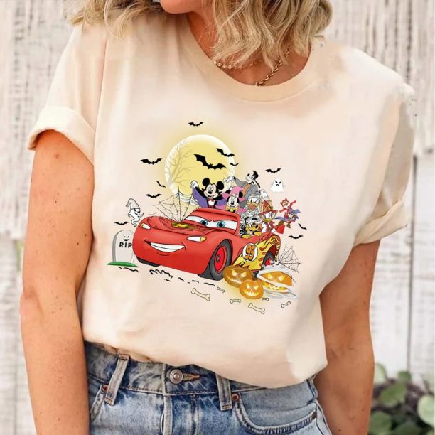 Disney Mickey & Friends Lightning McQueen Car Halloween Shirt, Cars Land Halloween Shirt, Disney Spooky Vibes Shirt, Happy Hallo-Wheel Shirt