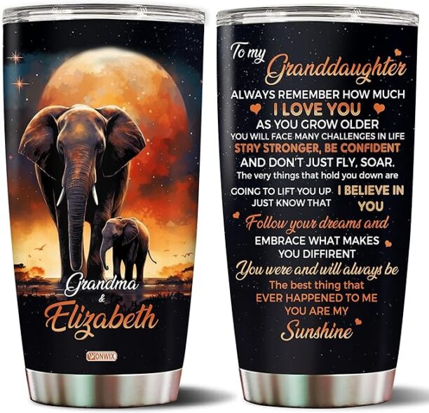 WONWIX Personalized Gifts for Granddaughter 20oz Stainless Steel Insulated with Lid Coffee Cup Travel Mug Elephant