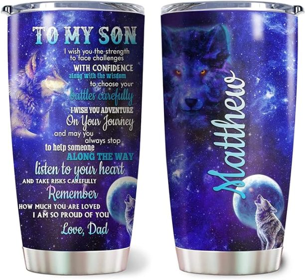 DesDirect Store To My Son Wolf Custom Tumbler, Native Wolf Moon Present For Son From Dad Father - Birthday