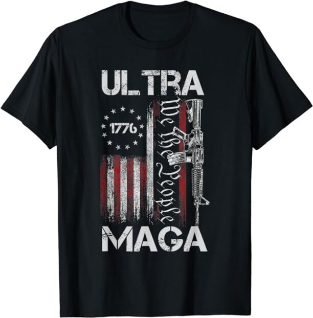 Vintage USA Flag Ultra Maga Gun USA 4th Of July Trump 2024 T-Shirt