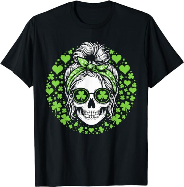 St Patricks Day Skull Messy Bun Peace Women St. Pattys Day T-Shirt