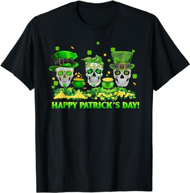 Sugar Skull Shamrock With Leprechaun Hat St Patrick's Day T-Shirt