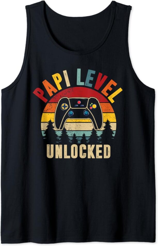 Mens Papi Level Unlocked Funny Gamer Father's Day Tank Top