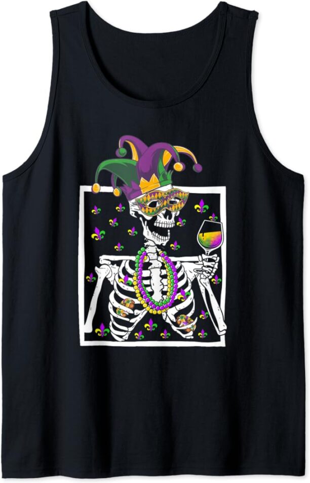 Mardi Gras Skeleton With Smiling Skull Drinking Wine Tank Top