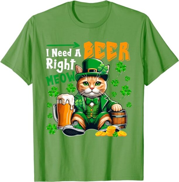 I Need A Beer Right Now St. Patrick's Day Cat Drinking Beer T-Shirt