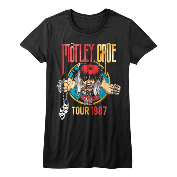 Motley Crue Women's T-Shirt Cartoon Rocker Girls Tour 87 Black Graphic Tee Vintage Heavy Metal Rock Band Concert Tour