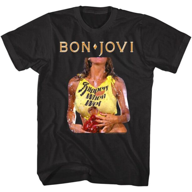 Bon Jovi Men's T-Shirt Slippery When Wet Girl Album Cover Black Graphic Tee Vintage 80s Rock Band Concert Tour Merch