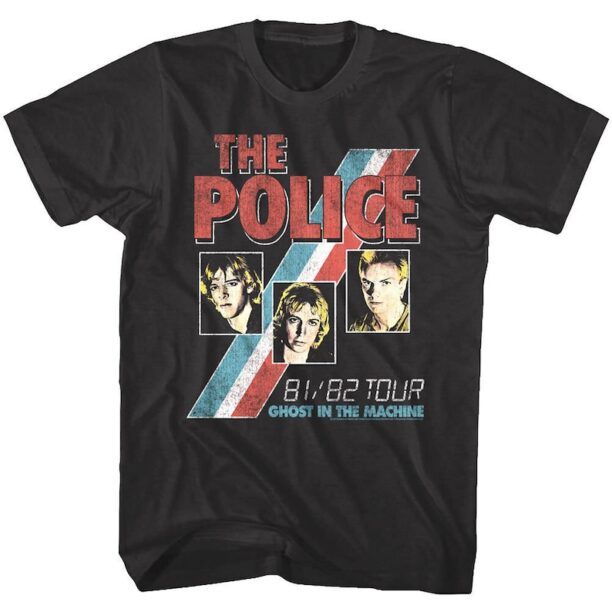 Sting & The Police Men's T-Shirt Ghost in the Machine Tour 1981 Black T-shirt Rock Band Graphic Tees Mens Clothing Cool