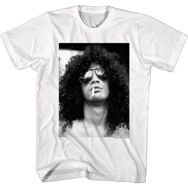 Slash Men's T-shirt Smoking Profile Photo White Graphic Tee Hard Rock Band Concert Merch Vintage American Guitar Hero