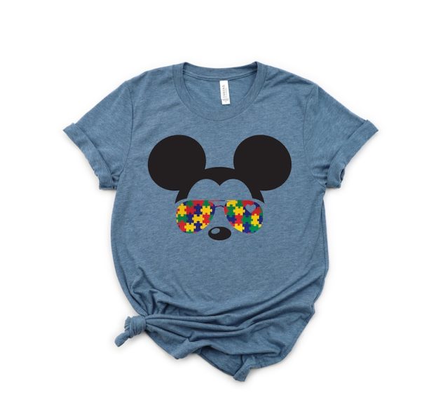 Mickey Mouse Adult Unisex T Shirt - Aviators - Puzzle Piece Sunglasses - Autism Awareness Shirt