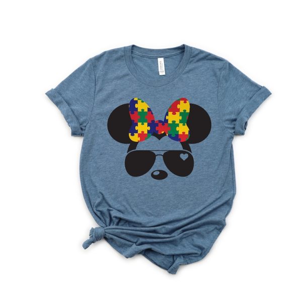 Minnie Mouse Adult Unisex T Shirt - Aviators - Puzzle Piece Bow - Autism Awareness Shirt