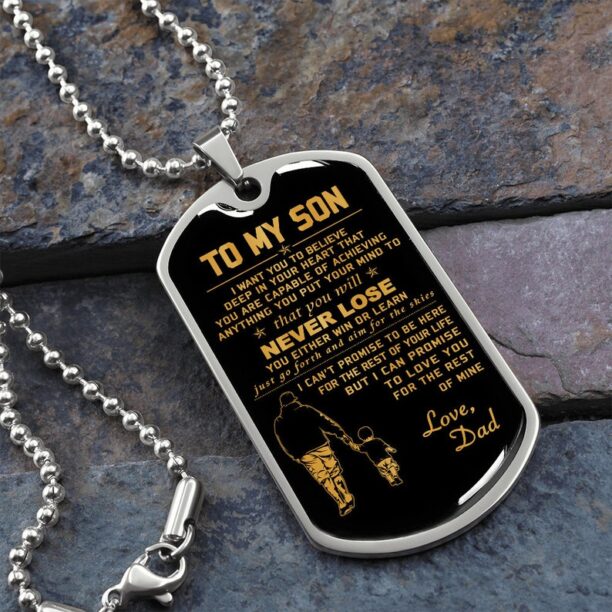 Family Dog Tag Necklace silver gold To my son deep in your heart that you will never lose love dad Custom Dog Tags